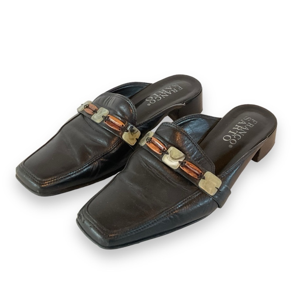 Franco Sarto Shoes Mules Slides Black Leather Flats Beaded Office Work‎ Size 6.5